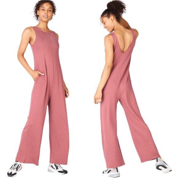Fabletics Grace Relaxed Jumpsuit Women Large Dark Rouge Red Active Wide Leg NWOT - Picture 1 of 16